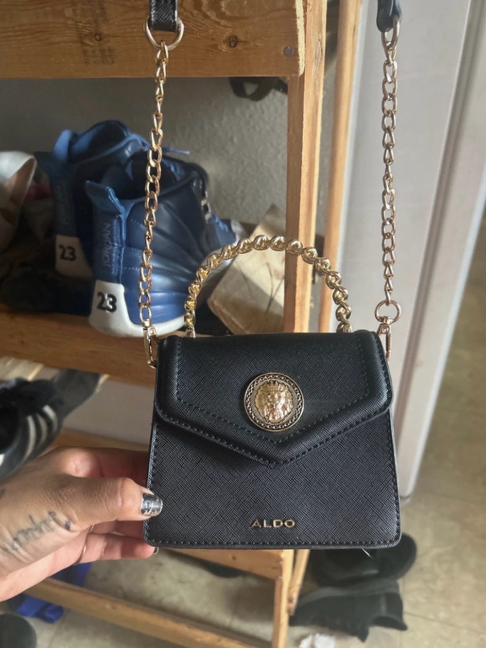 Aldo Black Mini Top-Handle Crossbody with Gold Chain